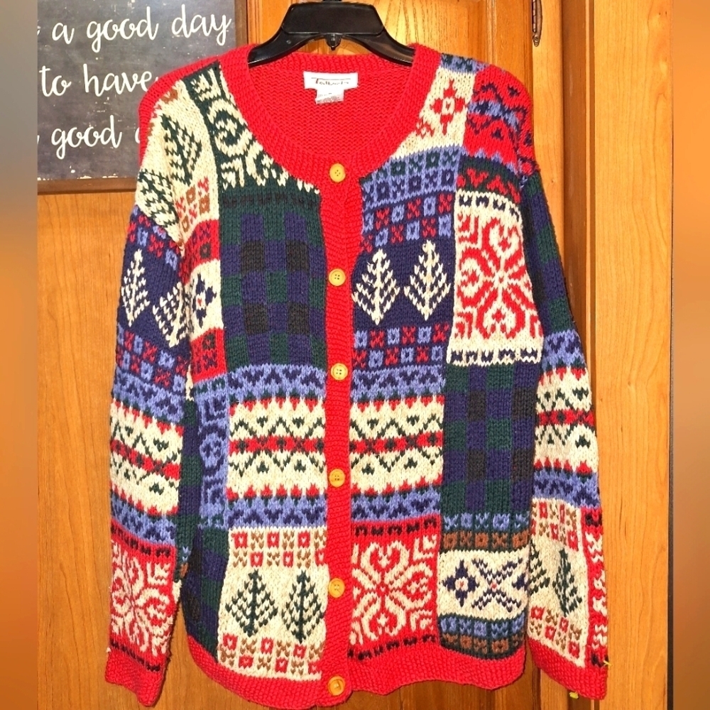 Talbots Colorful Patchwork Knit Cardigan In A Size Medium. Holiday Christmas